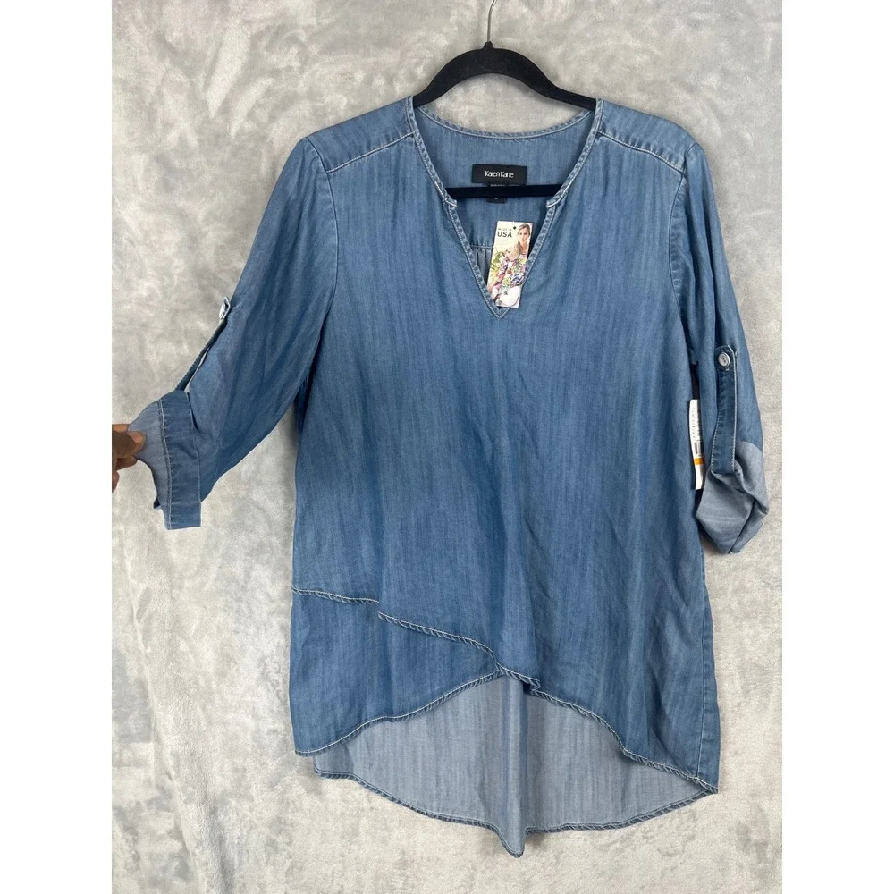 Karen Kane Women Top Lifestyle Chambray Wrap Blue Roll Tab Sleeve Small NWT
